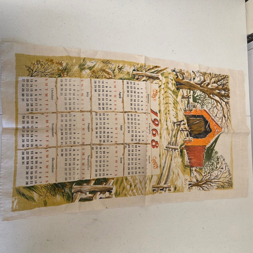 Vintage 1968 Calendar Tea Towel Linen Covered Bridge Americana Decor 28x16